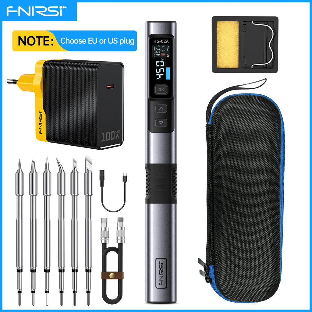 FNIRSI HS-02 Smart Electric Soldering Iron PD 100W Adjustable Constant Temperature Fast Heat Portable Soldering Iron Station Kit