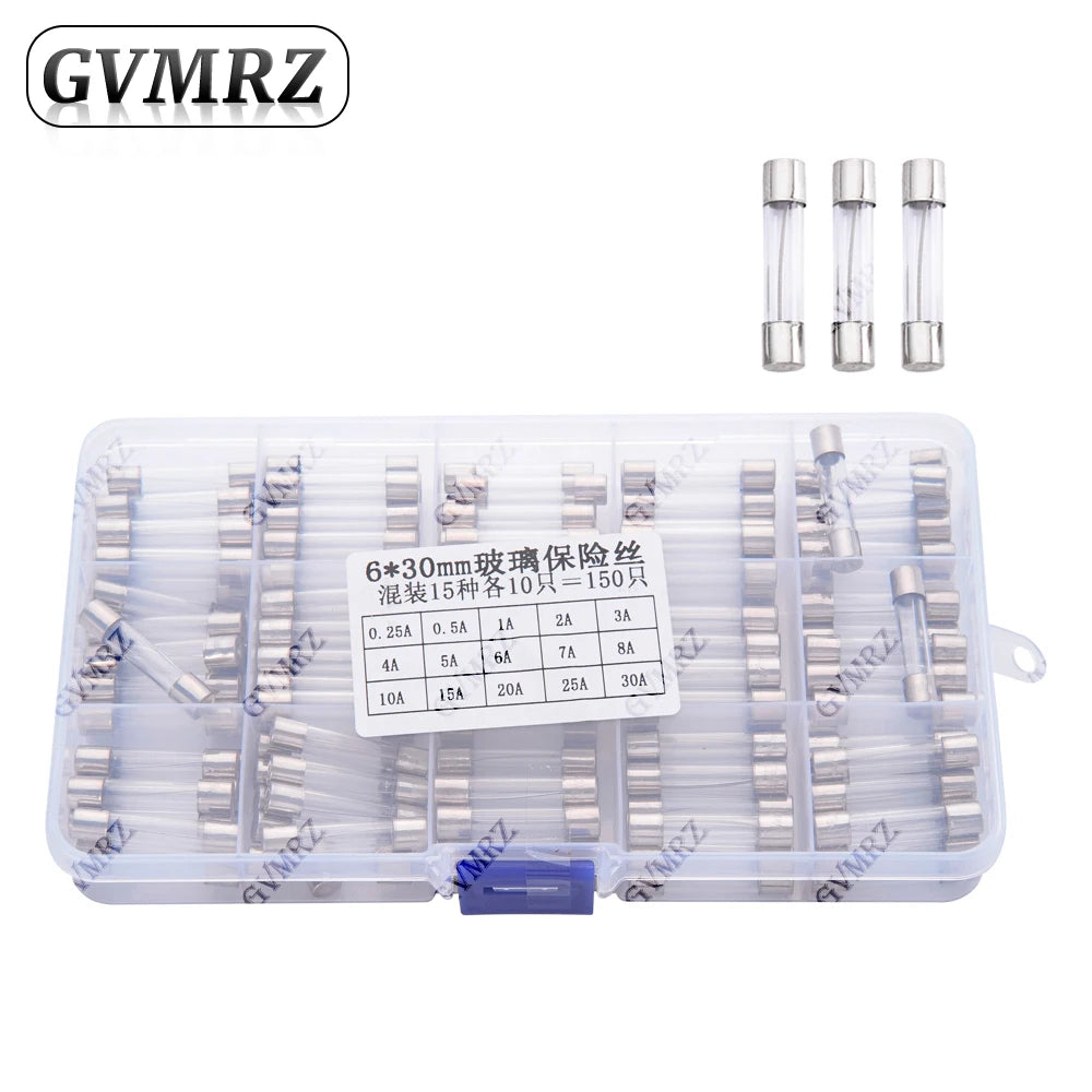 150PCS 15Values 6*30 Glass Tube Fuses Car Glass Tube Fuses Assorted Kit 6X30 with Box fusiveis 0.1A-30A Household Fuses