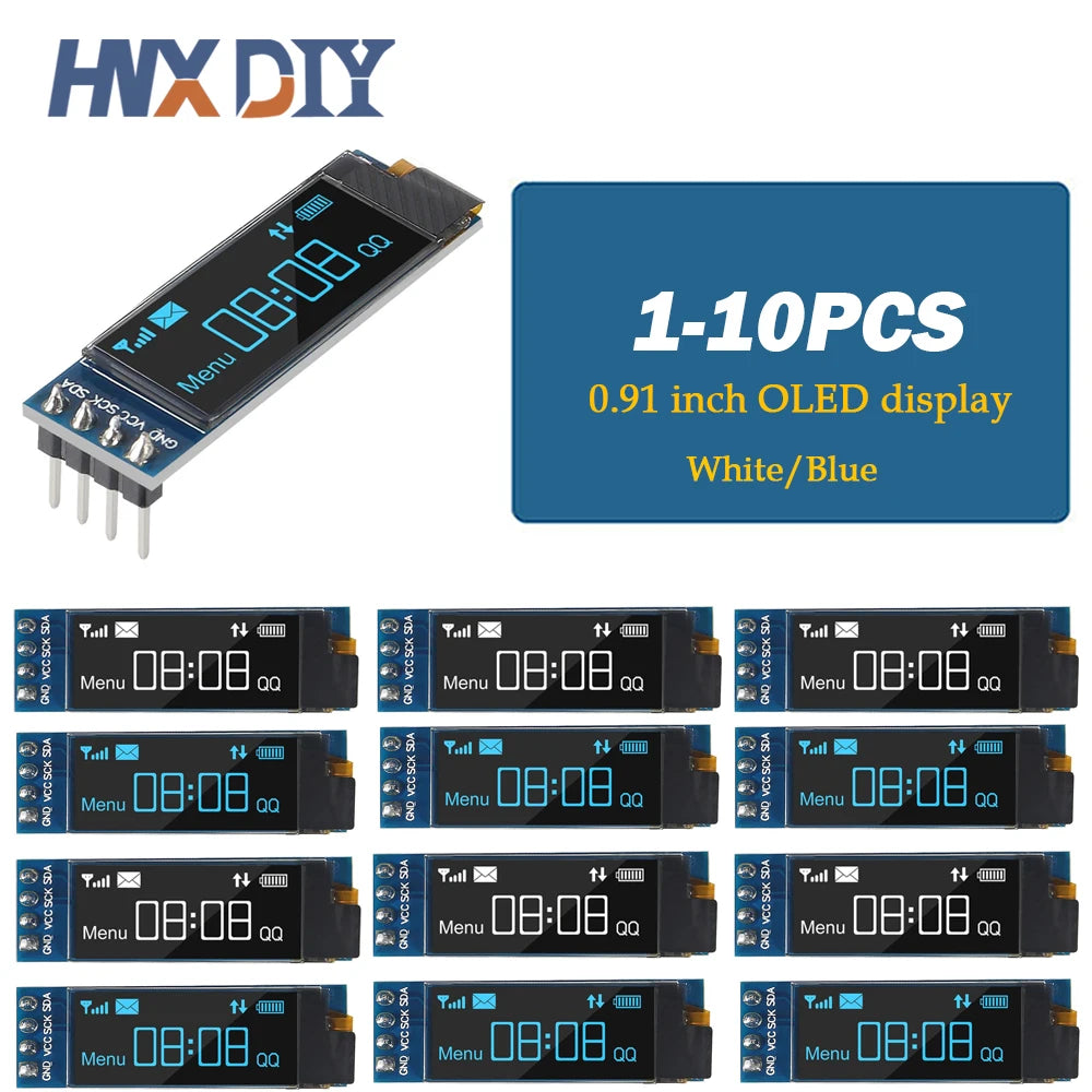 1-10pcs 0.91 Inch 128x32 IIC I2C White / Blue OLED LCD Display DIY Module SSD1315 Driver IC DC 3.3V 5V for Arduino
