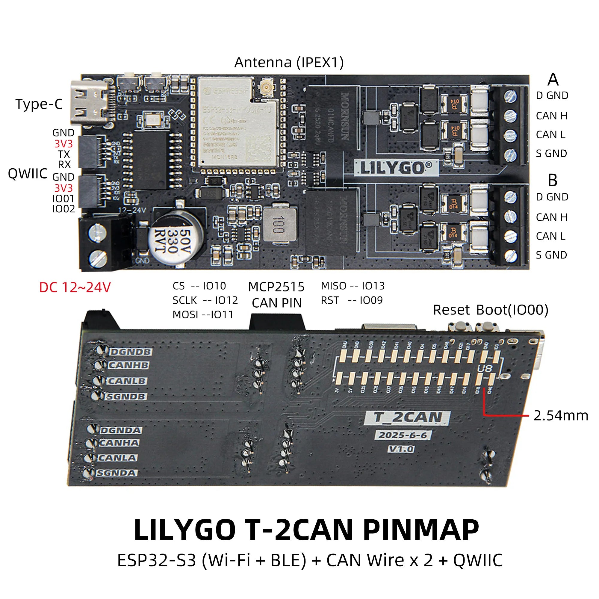 LILYGO T2CAN ESP32S3 WiFi Bluetooth CAN Module Development Board with QWIIC