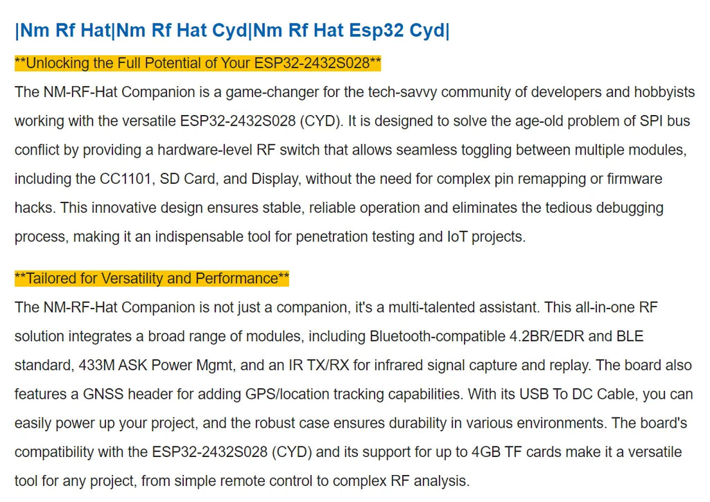 Multi-Band NM-RF-Hat Companion Hat RF for CYD Bruce TX/RX NRF24 PN532 433M CC1101 IR Power Mgmt TF Slot OOK ESP32-2432S028
