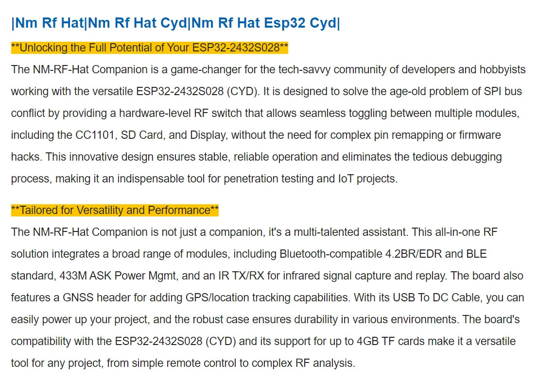 Multi-Band NM-RF-Hat Companion Hat RF for CYD Bruce TX/RX NRF24 PN532 433M CC1101 IR Power Mgmt TF Slot OOK ESP32-2432S028