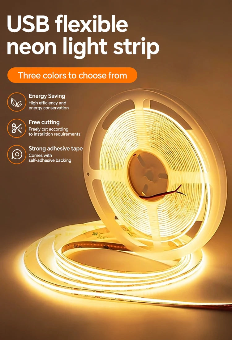 DC5V USB COB LED Strip Light 320LED/m High Density Flexible Self‑Adhesive LED Tape 3000K‑6500K For Cabinet TV Backdrop Decor