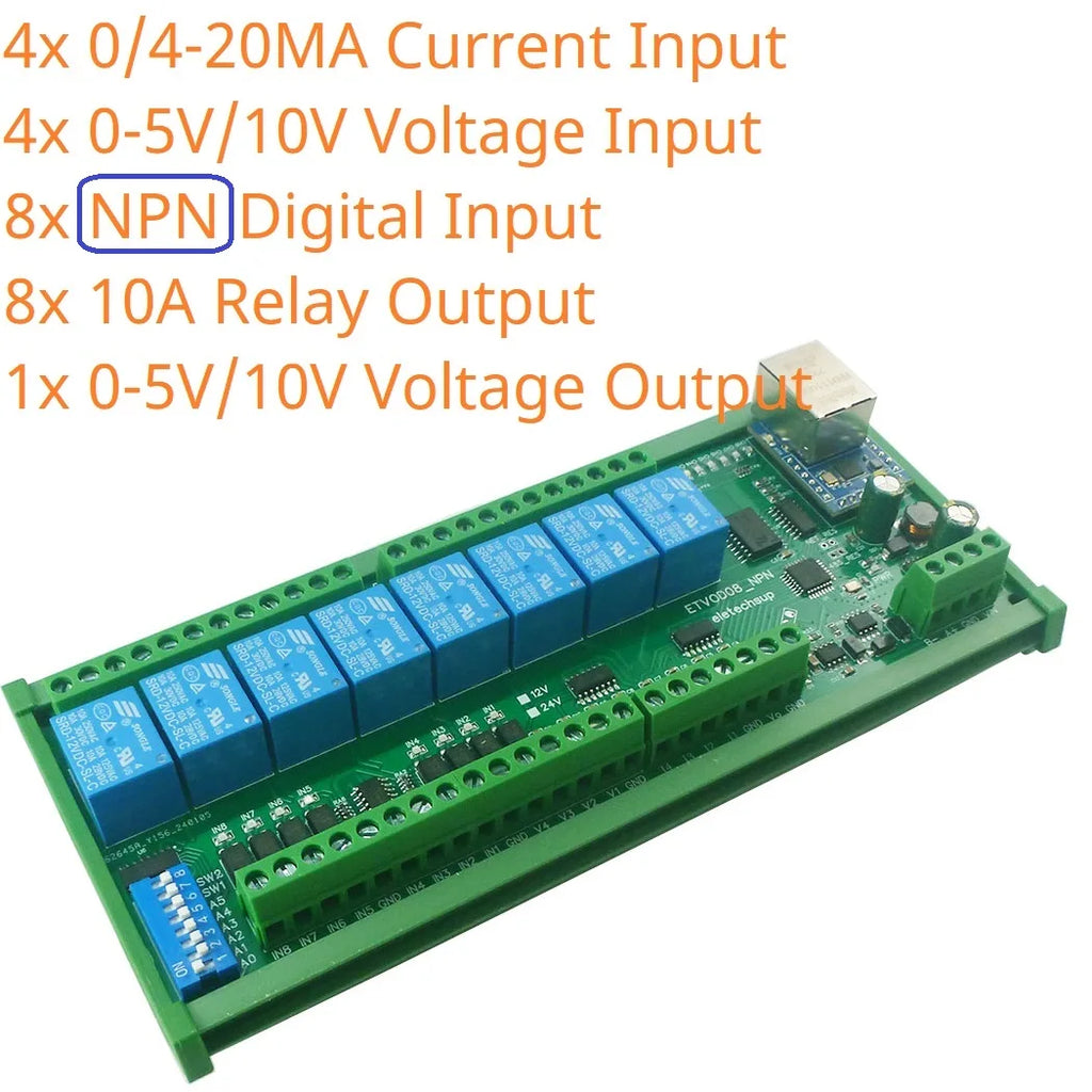 8DI 8DO Analog IO Module Modbus RTU RS485 Ethernet 4-20mA 0-10V 10A Relay DIN Rail PLC Expansion DC12V/24V Opto Isolated