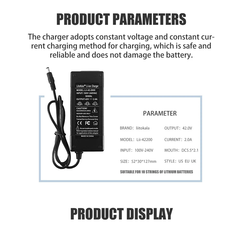 LiitoKala 10S 36V/42V 2A 18650 Charger 100-240V Input Lithium Li-ion Charger For 36V Electric Bike Wo-wheel Vehicle