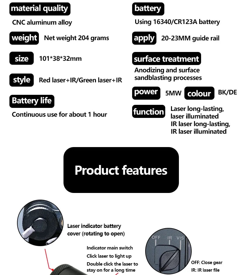 CQBL-1 Laser Aiming IR/Red/Green Dot Laser Indicator Momentary Constant Quick Opening With Scout Light Connect Mount For 20MM