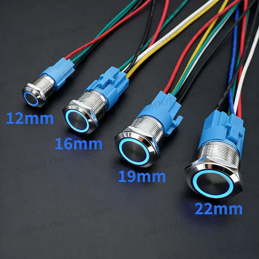 12mm 16mm 19mm 22mm Metal Switch Button Push With Wire Waterproof On Off Momentary/Latching Led Light Start Stop 5V 12V 24V 220V