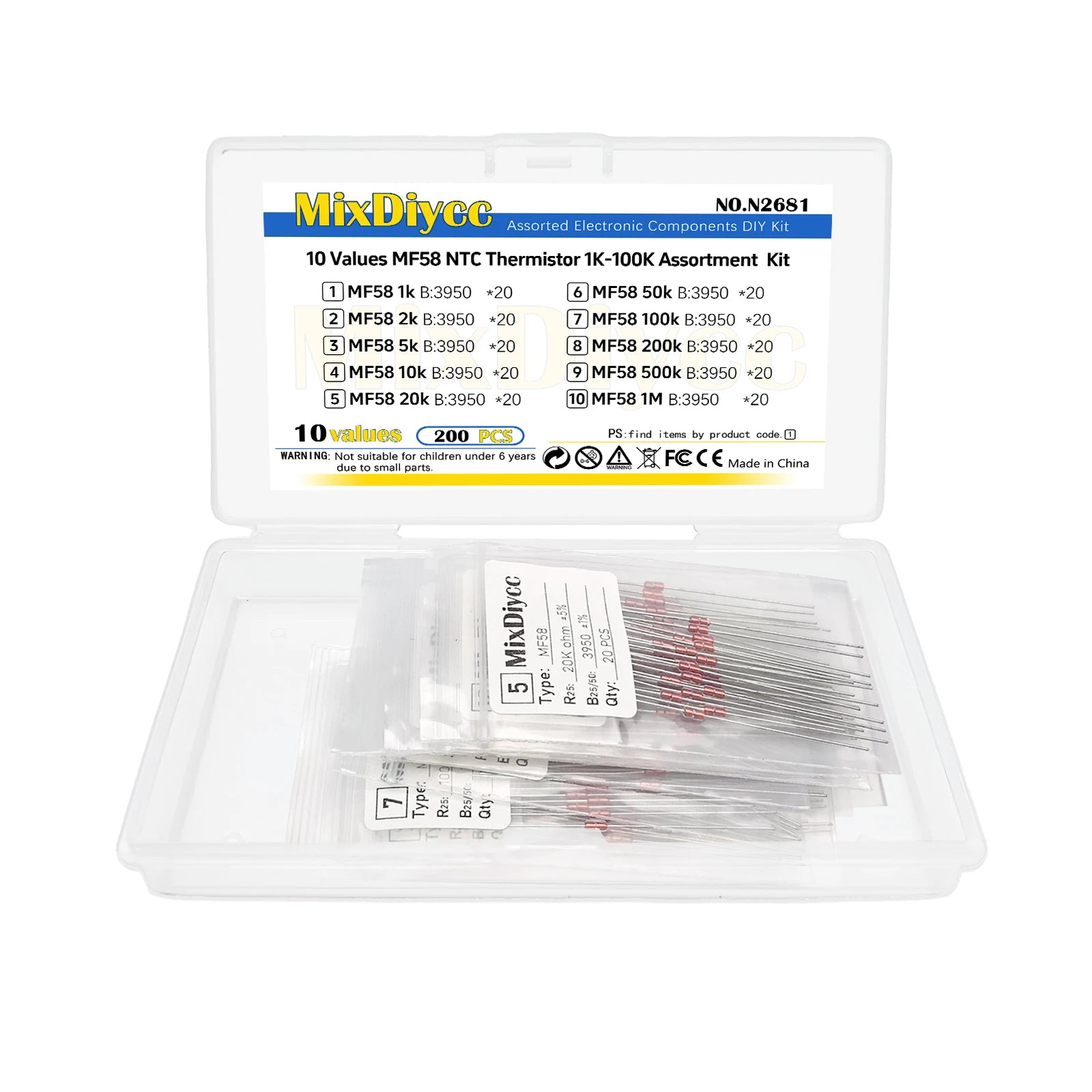 10 values kit Thermal Resistor thermistor NTC MF58 B3950 5% 1K/2K/5K/10K/20K/50K/100K/200K/500K/1M ohm Total 200 pcs
