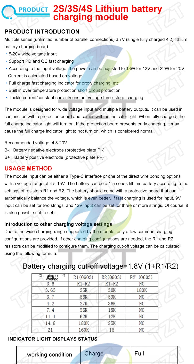 Type-C USB 2S 3S 4S BMS 4.5V-15V 18W 2A Lithium Battery Charging Module Support QC Fast Charge With Temperature Protection