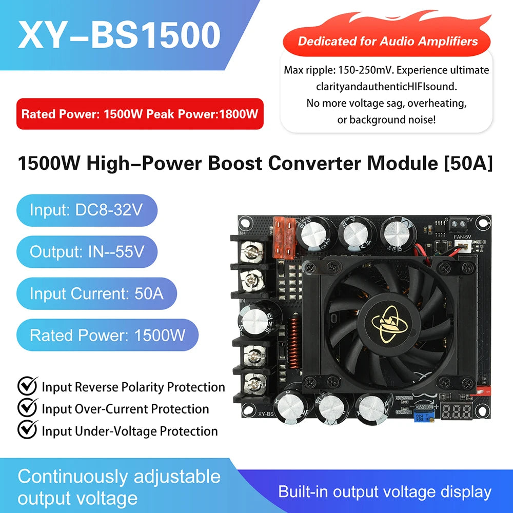 900W 30A /1500W 50A High Current Boost Power Module Dual Inductor Full Power Low Ripple Step-Up Moule for Audio Amplifiers
