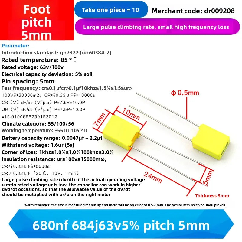 10PCS 100V Correction Capacitor Polypropylene Safety Plastic Film 100V 1nF ~ 470nF 100nf 220nf 10nf 47nf 22nf 1nf 0.47uf 0.1uf