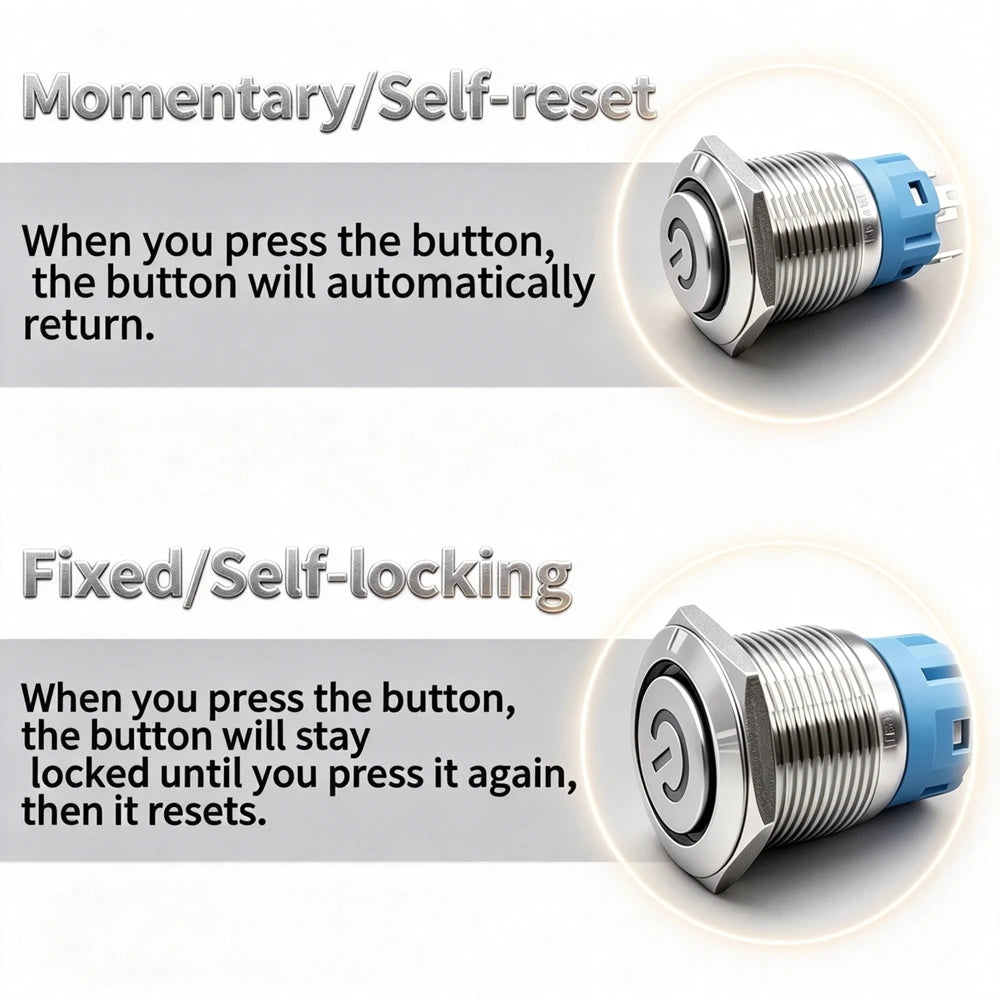 12/16/19/22mm Metal Push Button IP66 Waterproof Self Reset Latching Red LED 1NO1NC Plug Terminal 5V 12V 220V Control Switch Blue