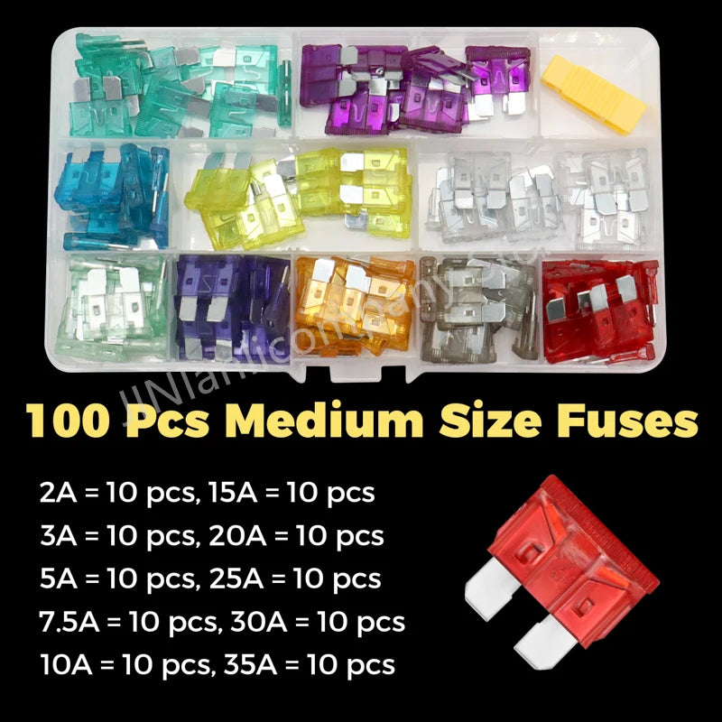 100/50pcs Car Truck Micro Blade Fuses 2A 3A 5A 7.5A 10A 15A 20A 25A 30A 35A AMP Mini Size Fuse Plastic Box Assortment with Clip