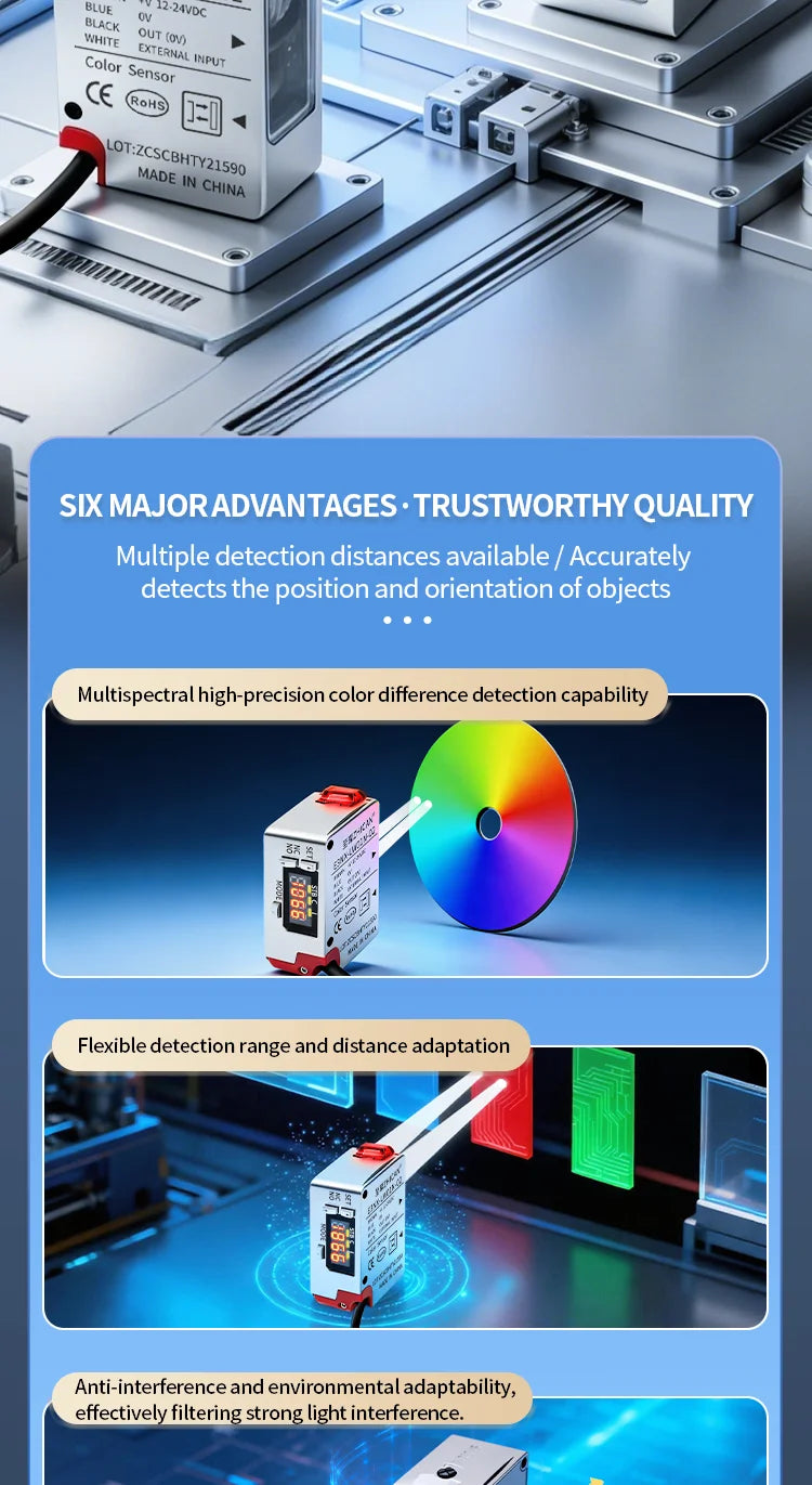 ZHICAN E3NX-L Color Mark Sensor 30-200mm Adjustable Sensing Distance High Precision Registration Detection Label Positioning
