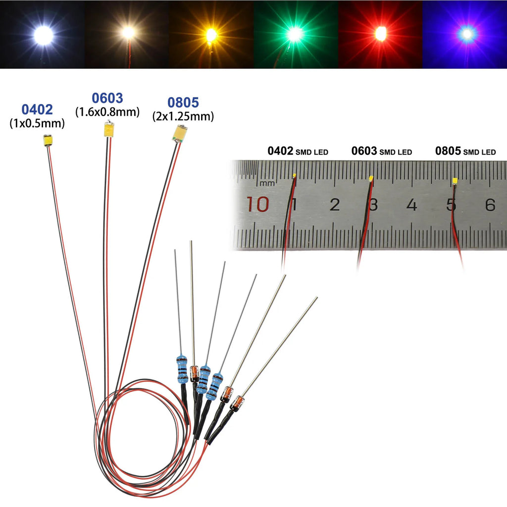 Evemodel 10pcs Pre-wired 0402 0603 0805 SMD LED Lights 50cm Wire with Resistor for 12V AC DC Bright Warm Red Blue Green Yellow