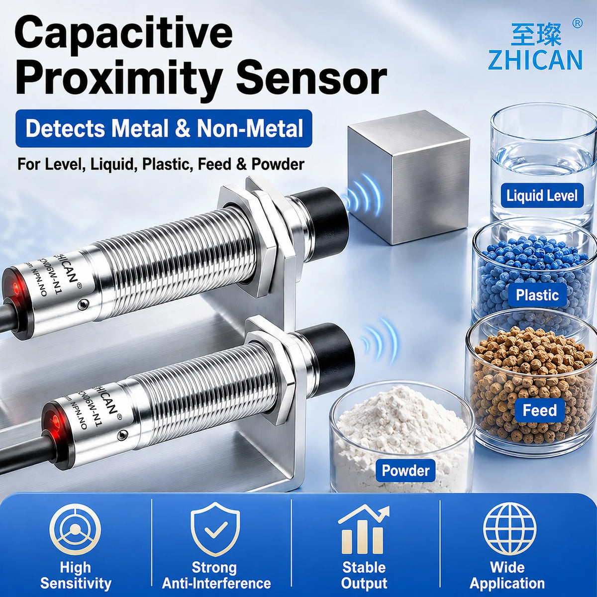 ZHICAN E2K M12 M18 Capacitive Proximity Sensor 30mm Long Range Plastics Glass Wood Metals Nonmetal Material Detection Switch
