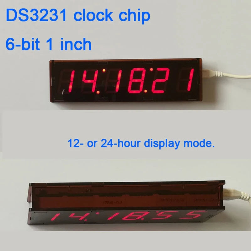 6Bit Digital Clock 1inch Led Digital Tube Time 12/24 Hour Display Mode Hour Minute Seconds DS3231 Chip Clock Type-C USB POWER