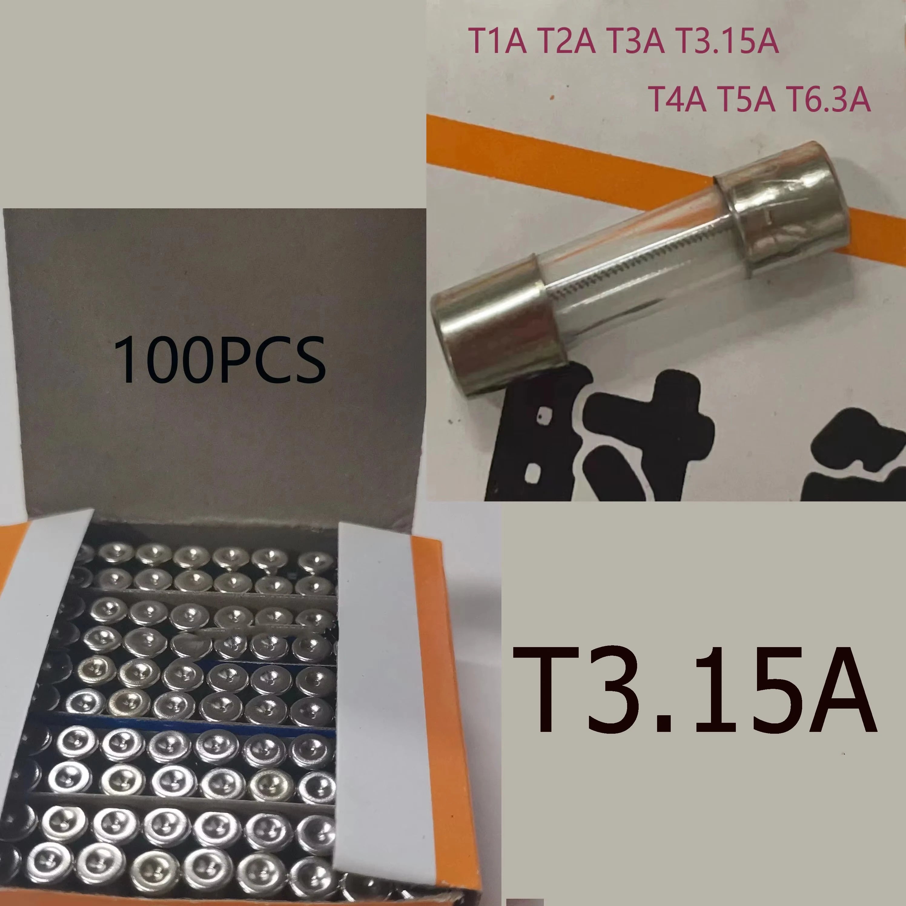 100PCS Slow Break 5*20mm Delay Fuse Tube 250V T1A T2A T3.15AT4A T5A  T6.3A T10A Box Spiral Wire Glass Fuse Tube Delay