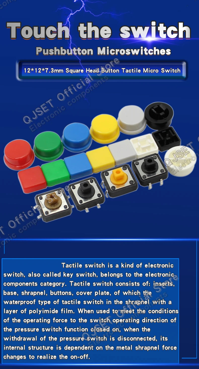 20 Pcs Tactile Pushbutton Switch 12*12*7.3MM Micro Switch Pushbutton A14 A24 Pushbutton Cover 12x12x7.3MM Square Head Pushbutton