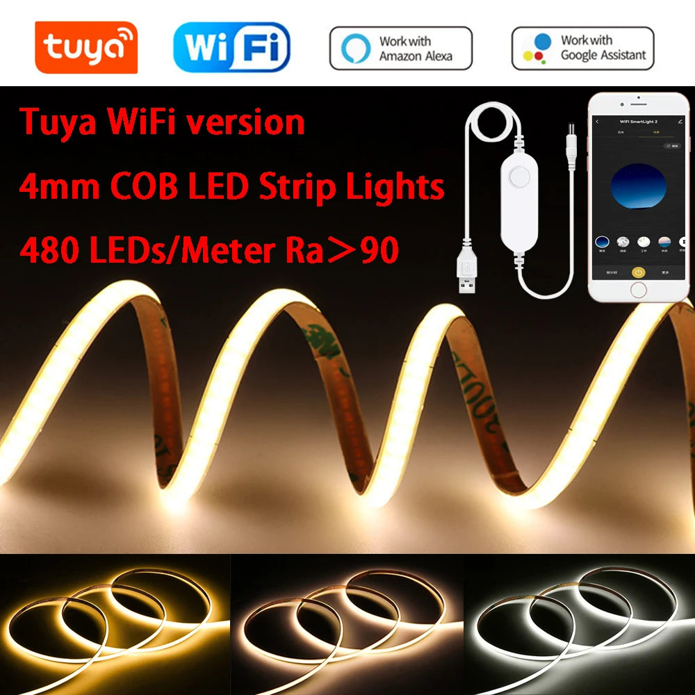 5V USB Tuya WiFi Tuya Zigbee 3.0 Warm White COB LED Strip Light Flexible Dimmable 8mm Width 320leds/m 4mm Width 480leds/m RA90