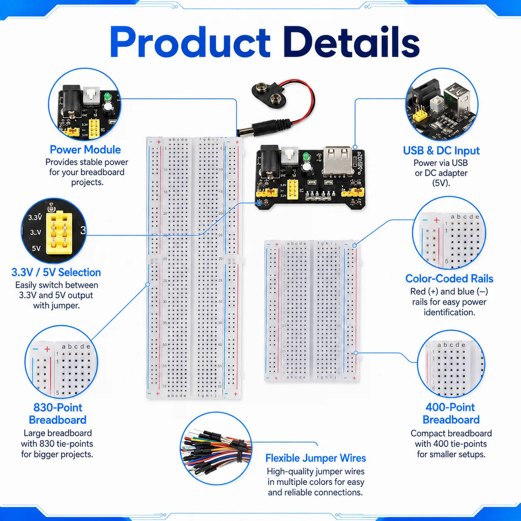 MB102 Breadboard Power Supply Module + MB-102 830/400 Points Solderless Breadboard Kit with 65 Flexible Jumper Wires 3.3V/5V
