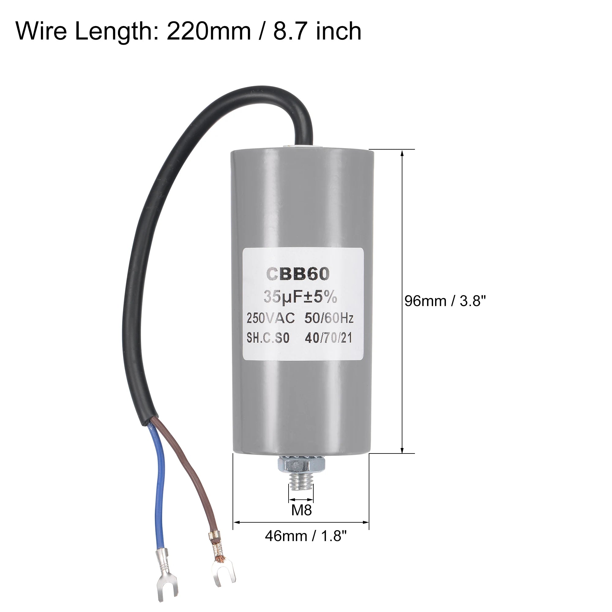 1Pcs CBB60 Run Capacitor 30-50uF 250V AC 2Wire 50/60Hz Cylinder with Terminal M8 Fixing Stud for Air Compressor Water Pump Motor