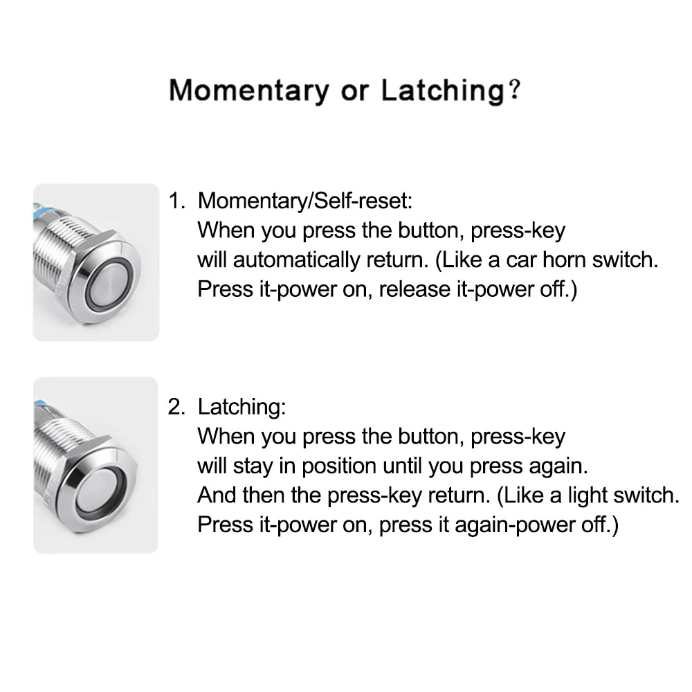 16/19/22mm Two Color Waterproof Metal Push Button Switch LED Light Momentary Latching Car Engine Switch 5V 12V 24V 220V Red Blue