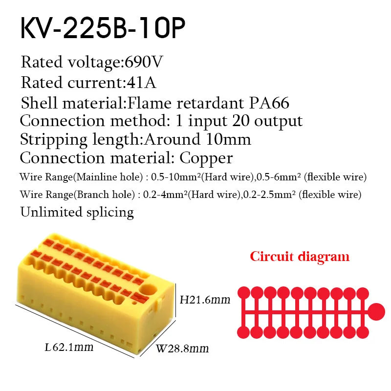 1PC 225 Series Wire Connectors Plug-in Electrical Terminal Block Spliceable One In Multiple Out Splitter Guide Rail Junction Box