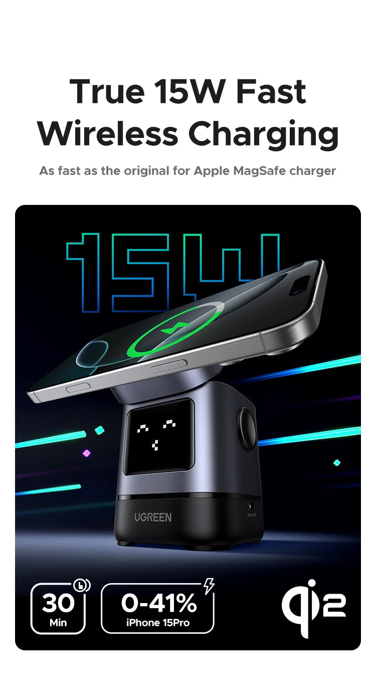 UGREEN UNO Qi2 15W Magnetic Wireless Charger Charging Stand With Cable  For iPhone 16 17 Pro Max For MagSafe Fast Charger