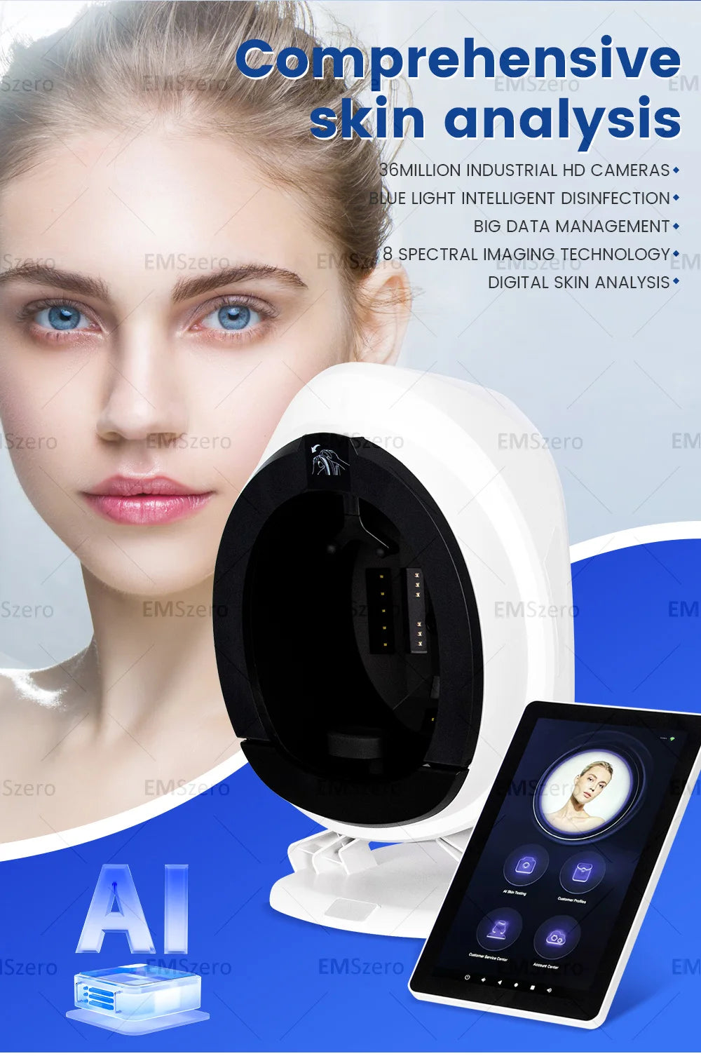 New 3D Facial Skin Analyzer Machine 15.6 inch Skin Analyzer Facial Machine 8 Light Spectrum Skin Analysis Scanner