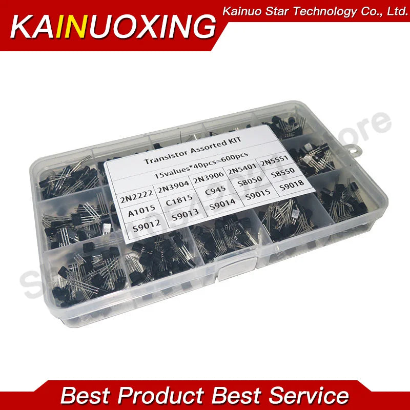 600pcs 15 Kinds Of Values Transistor TO-92 NPN PNP Kit Set 30-160V 50-1000mA NPN / PNP 2N2222 2N3904 2N3906 2N5401 S8550 S8050