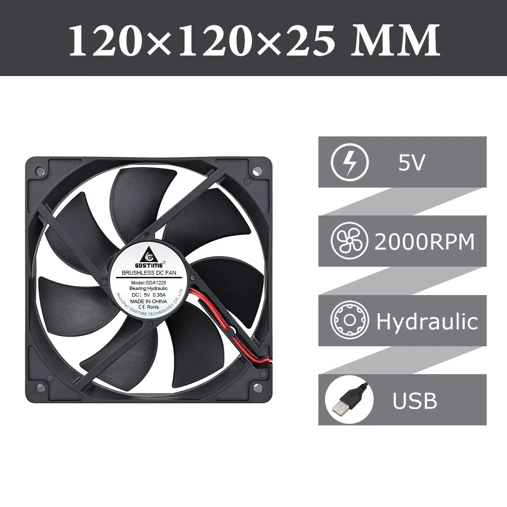 Gdstime 120mm USB PC Fan 5V 12V 24V 48V 12cm DC Brushless Cooling Fan 12025 2PIN 3PIN 4PIN Ball Computer Case Fan Waterproof Fan