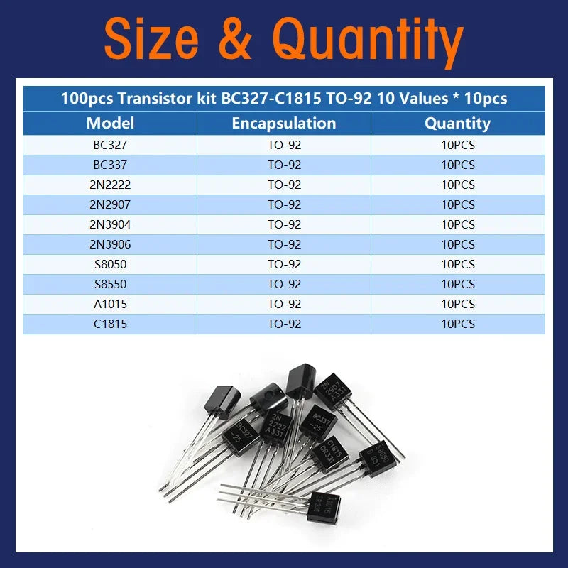 100/200PCS Triode Transistor Set BC337 BC327 2N2222 2N2907 2N3904 2N3906 S8050 S8550 A1015 C1815 TO92 PNP NPN Transistors kit