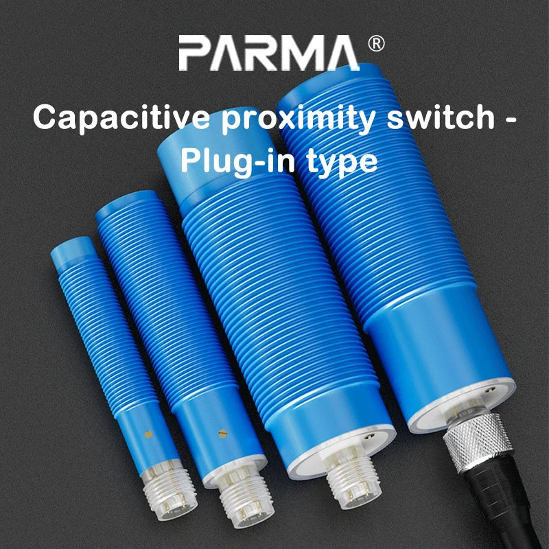 Cylindrical capacitive proximity switch with plug-in connector for detecting material liquid level with non-metallic sensing pla
