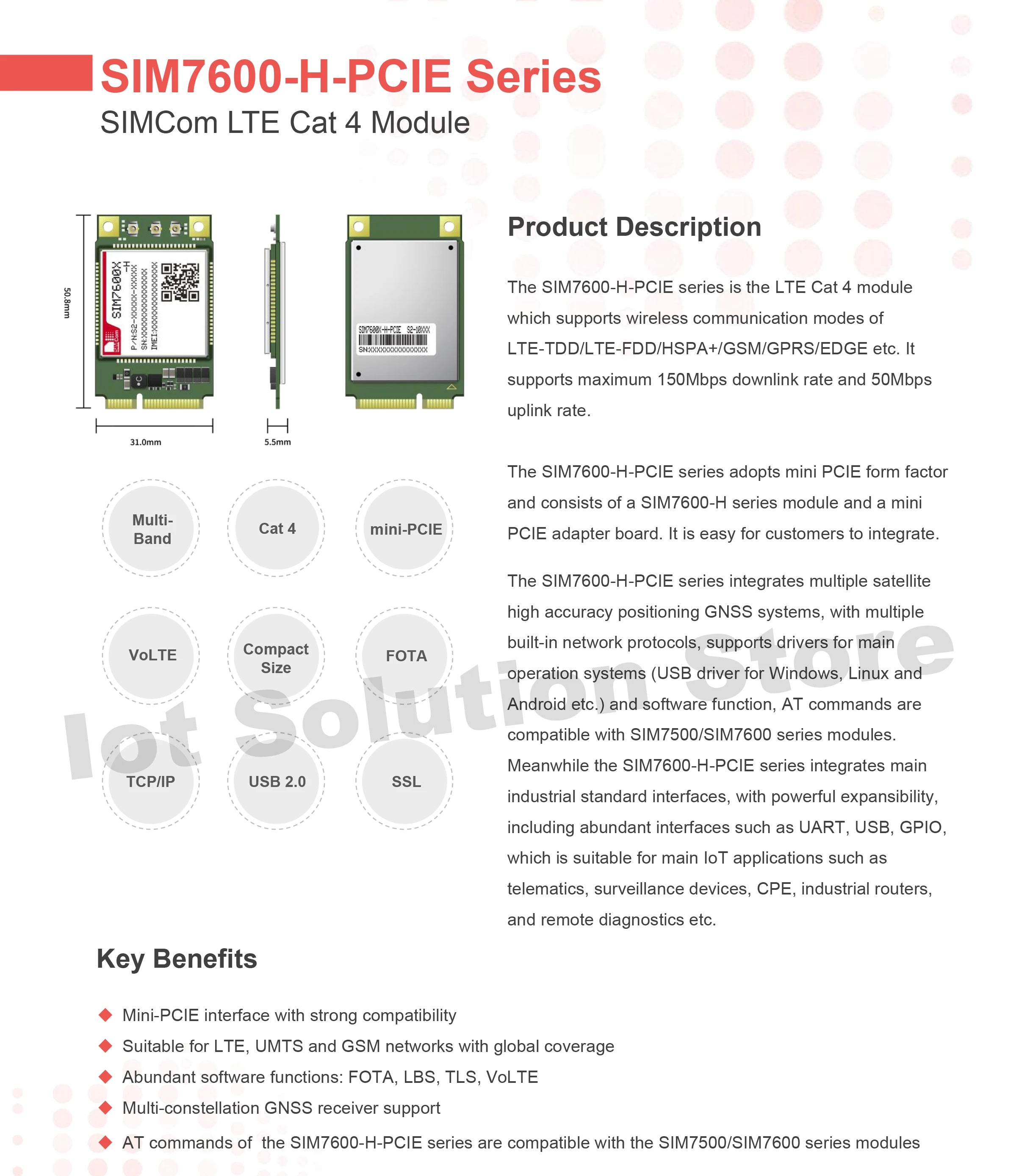 SIMCom SIM7600G-H MiniPCIe Global Region/Operator 150Mbps/50Mbps Cat.4 GNSS LTE 4G Module SIM7600 SIM7600GH SIM7600G H Mini PCIe