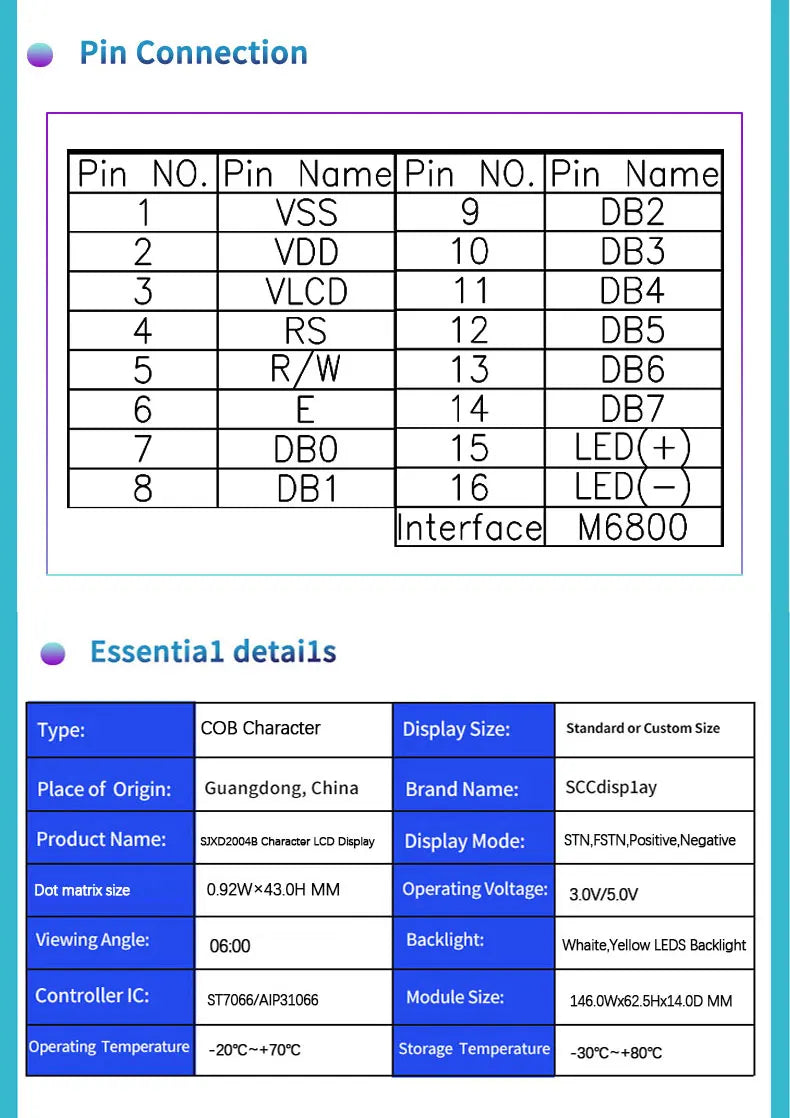 LCD 2004B Display Module 20x4 Large Character LCD Screen Display 20X04 5.0V or 3.3V Power Supply ST7066 Drive Multiple Display