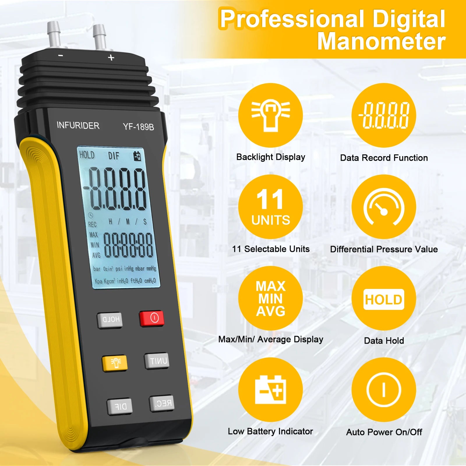 HoldPeak 189B Digital Manometer 11 Units Differential Pressure Gauge MAX/MIN/AVG Backlight for HVAC System