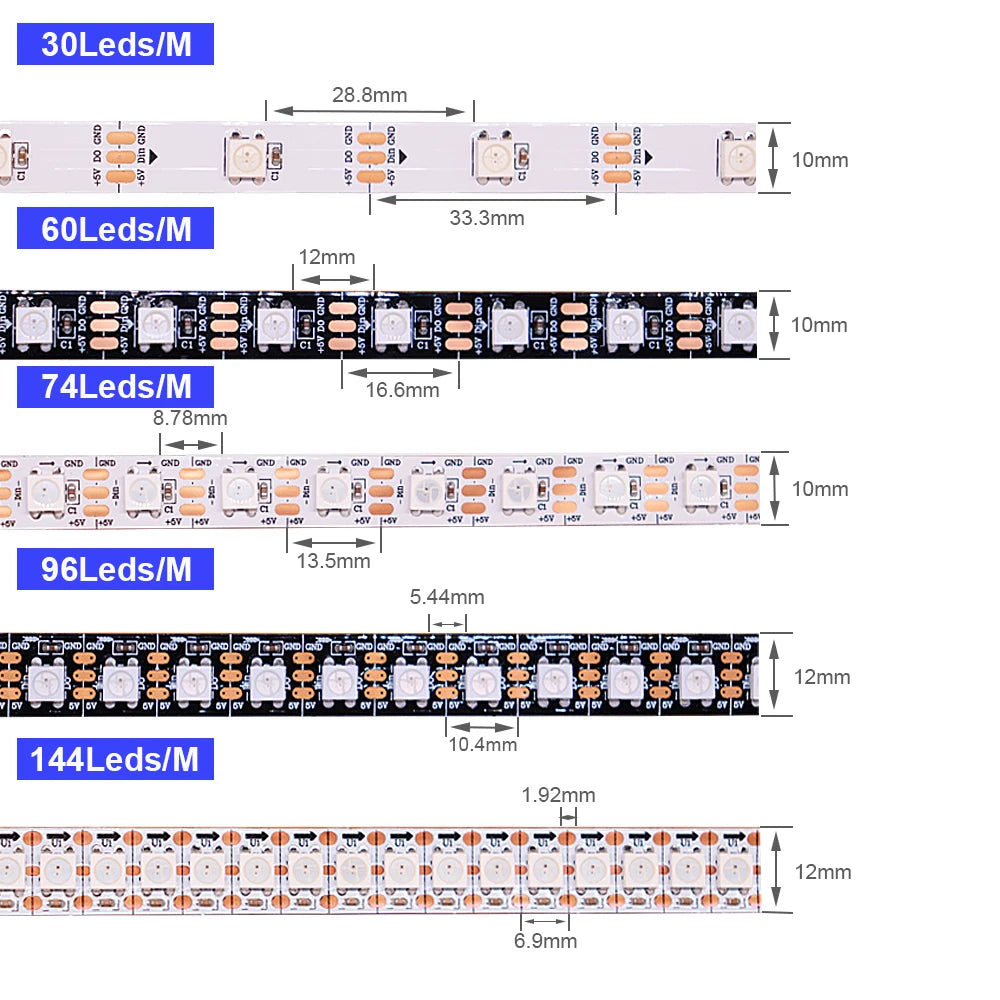 WS2812B Individually Addressable Led Strip 1-5M 30/60/74/96/144leds/m WS2812 5050 RGBIC Smart Pixels Led Light IP30/65/67 DC5V