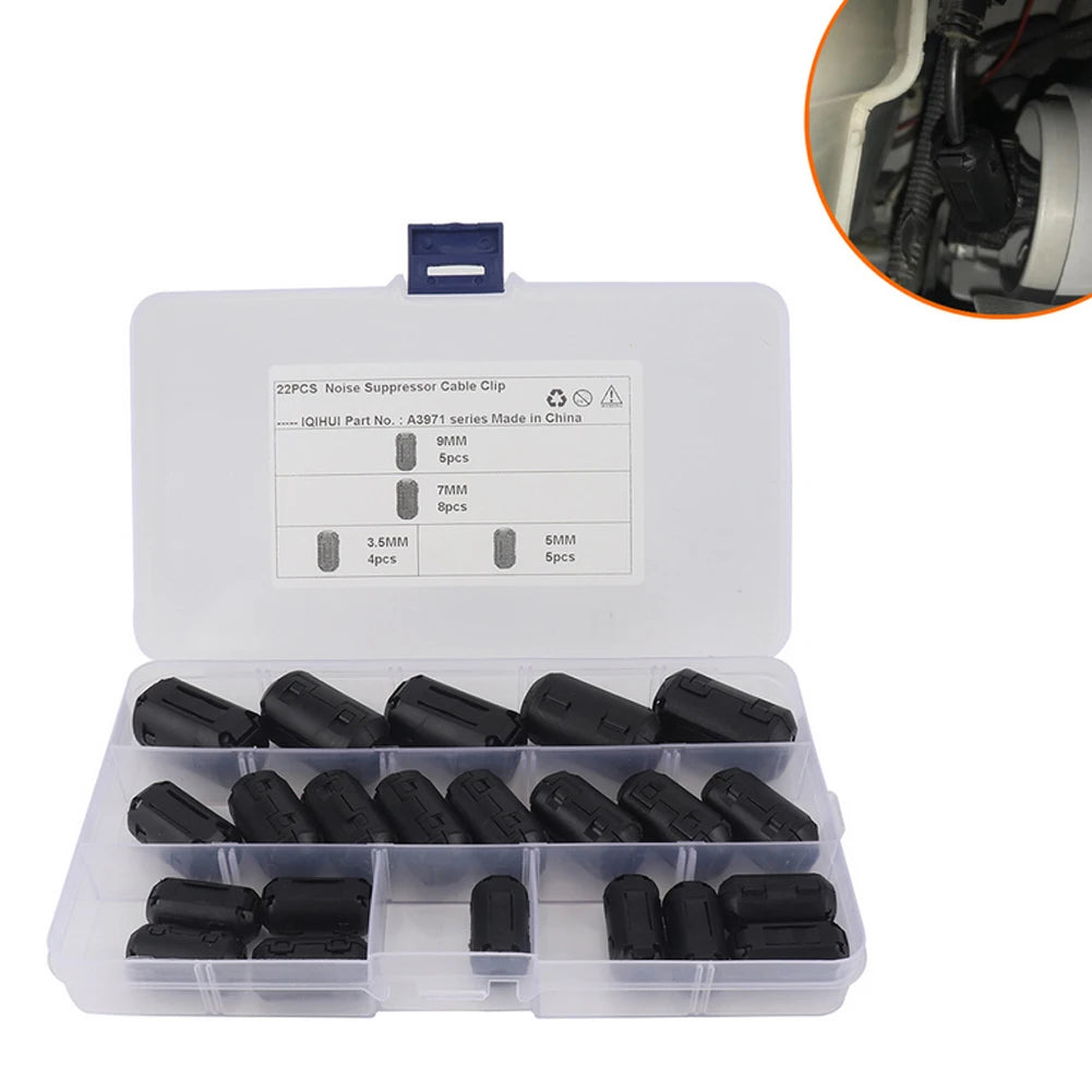 22Pcs Clip On Ferrite 3.5mm/5mm/7mm/9mm Cable Connector Clamp Anti-Jamming Toroidal Clip-on Clamp RFI EMI Noise Magnetic Filter