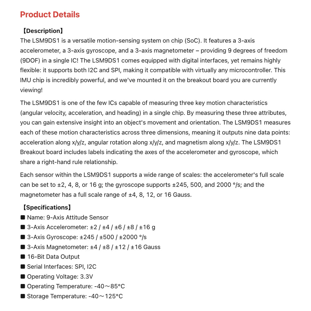 LSM9DS1 9-axis electronic compass, magnetometer, accelerometer, gyroscope, high-precision sensor module