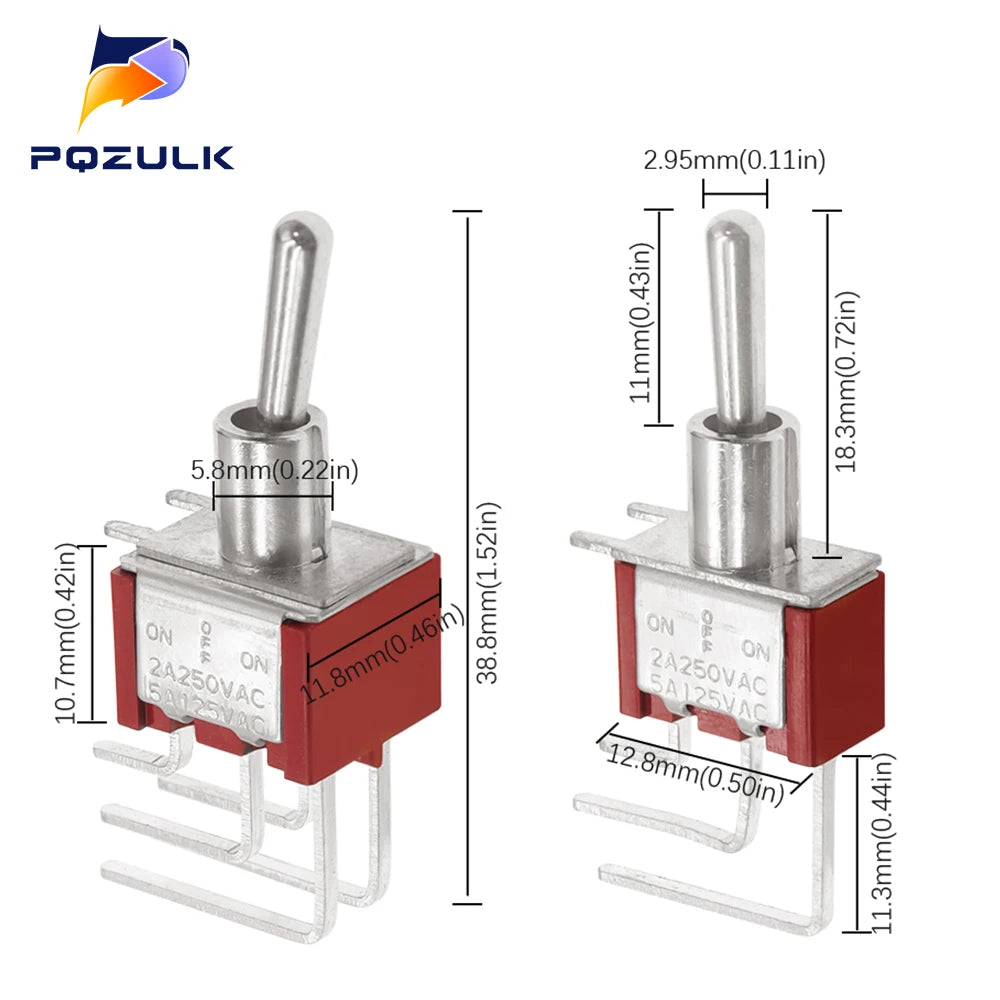 Vertical Right Angle 2/3/10A 125/250V AV 3/6Pins 2/3Position SPDT PCB Mount Toggle Switch ON-OFF-ON Rocker Switche ON-ON