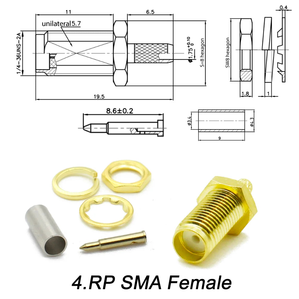 50-1.5 Cable SMA Male Female Straight Connector Gold Plated RP-SMA Crimping Adapter For RG178  RG316 RG174 LMR100 Wholesale