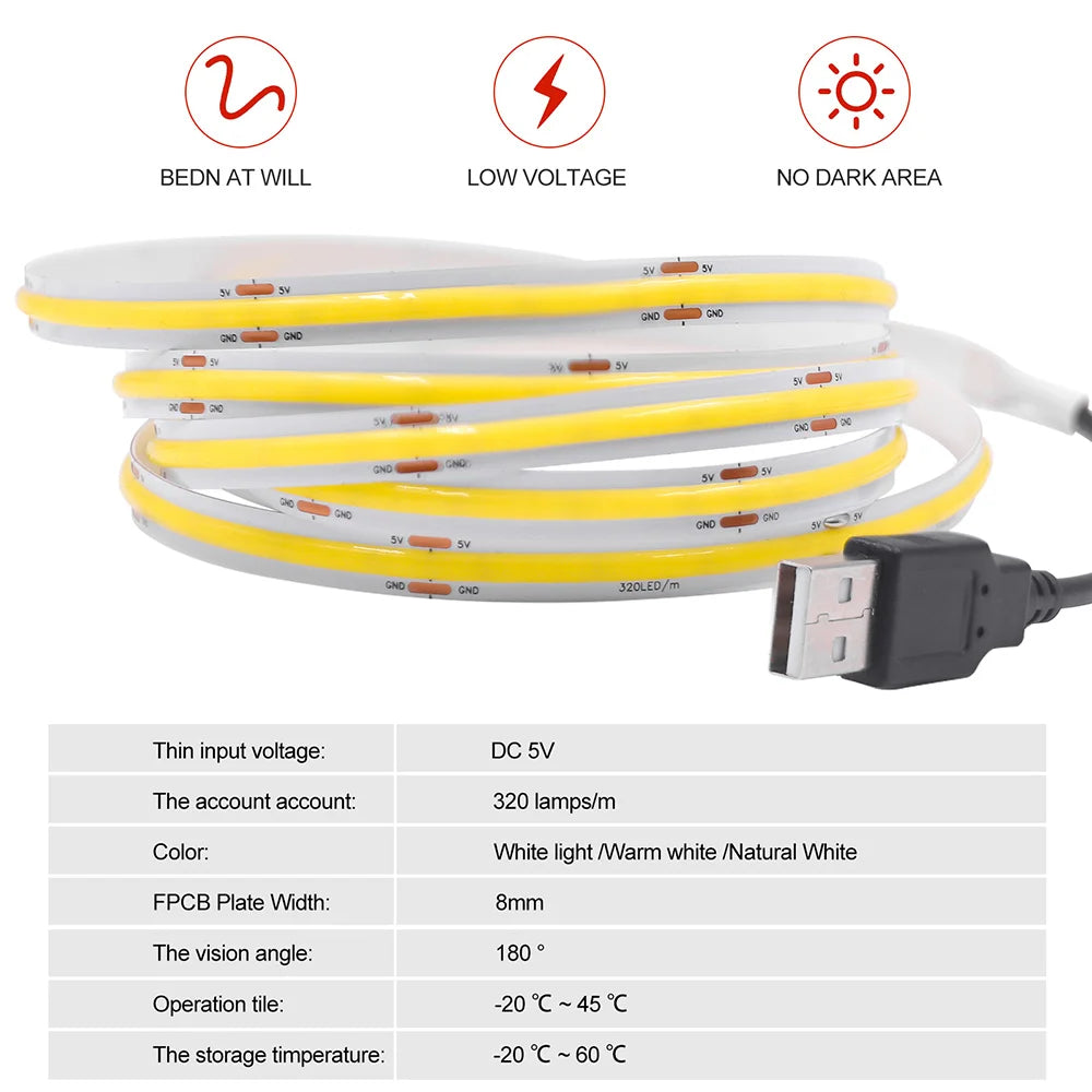 New 5V USB COB Strip Light 320Leds/m Warm Natural White Cabinet Lamp Night Lighting Flexible LED Ribbon Stripe DC5V TV Backlight