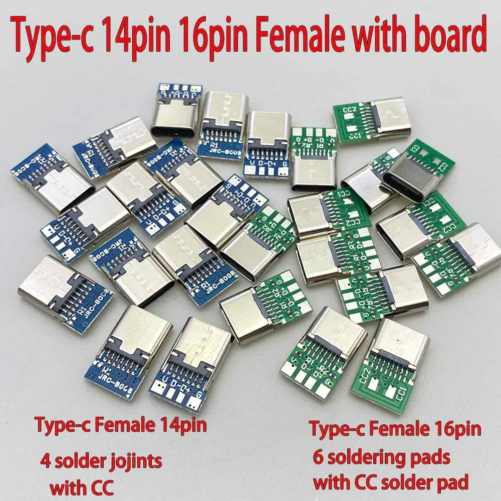 USB Type C Female Connectors Jack With Dual 5.1K Resistors 16pin USB Electric Terminals Welding DIY Data Cable Support PCB Board