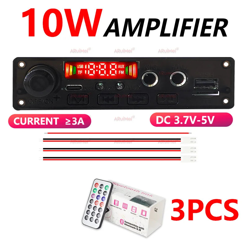 10W Bluetooth Amplifier Board MP3 Decoder Module Dual Channel DC 3.7-5V USB/TF/FM Car Audio Player with Recording Handsfree CalL