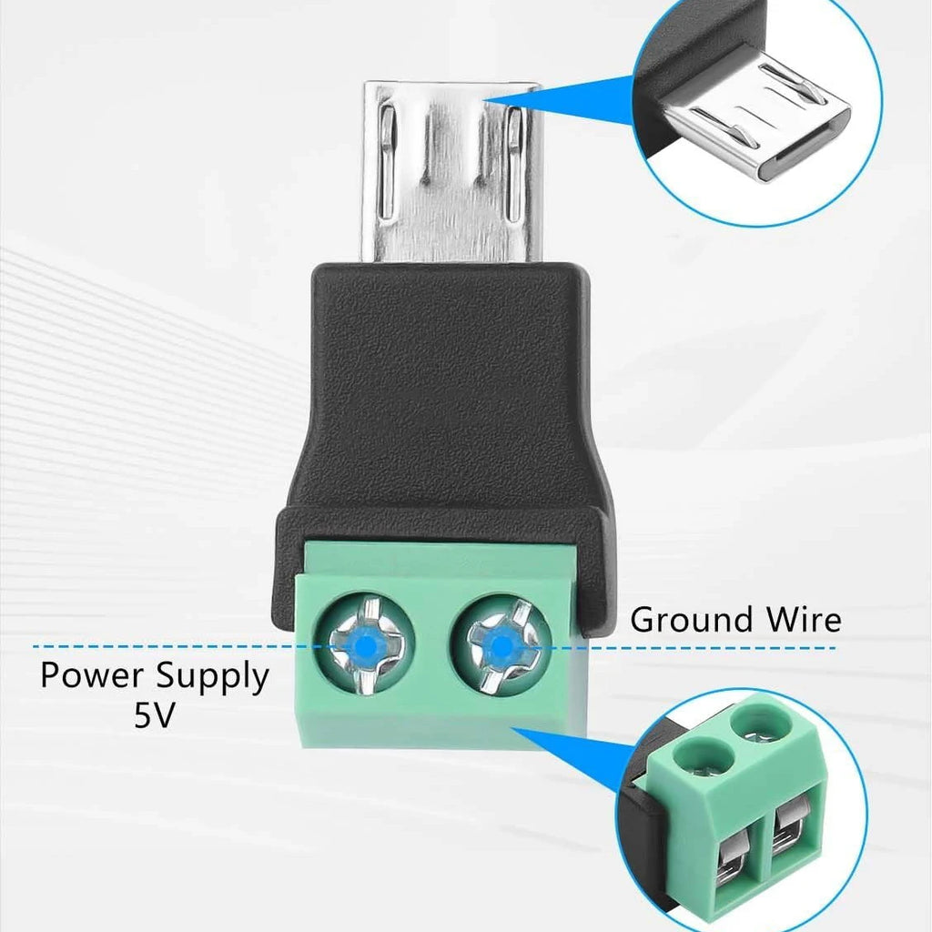 5PCS 2-Pin Screw Terminal to Micro USB Adapter Micro-usb Male Screw Terminal Block Connector Charge Pluggable Adapter Connector