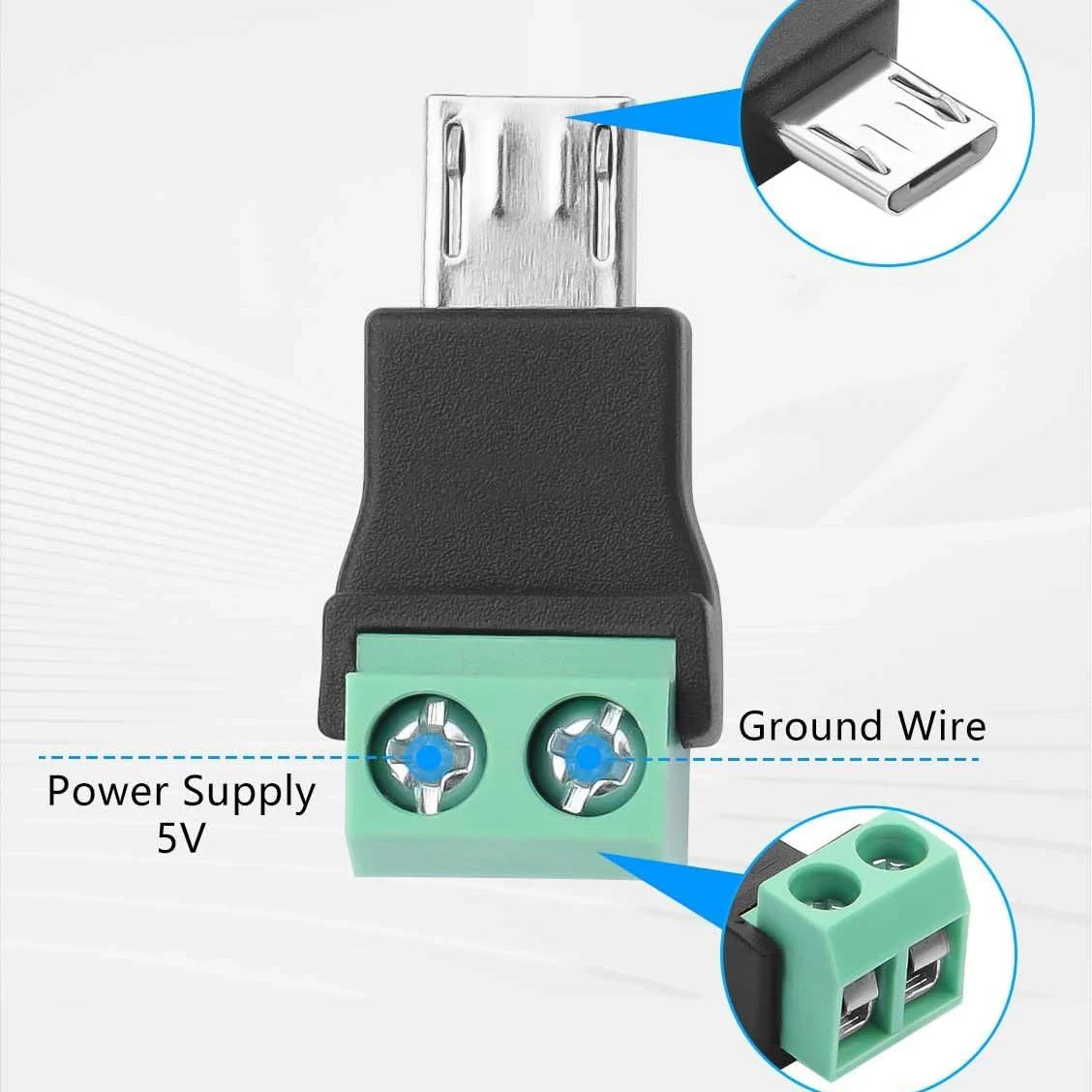 5PCS 2-Pin Screw Terminal to Micro USB Adapter Micro-usb Male Screw Terminal Block Connector Charge Pluggable Adapter Connector