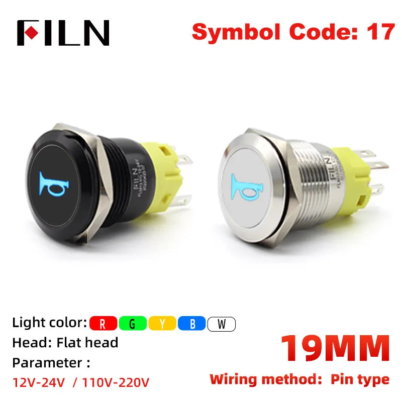 12V 19mm Warning LED Indicator Light Panel Metal Push Button Switch Lock and Momentary on Off with Dash LOGO Symbol