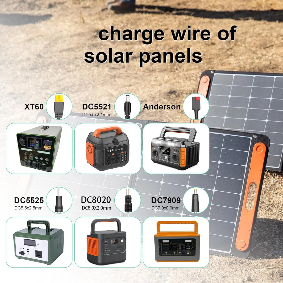 JMUYTOP 12AWG Solar panel Cable Solar to XT60 DC7909(8mm) DC5521 DC5525 Anderson Connector For  Portable Power Station
