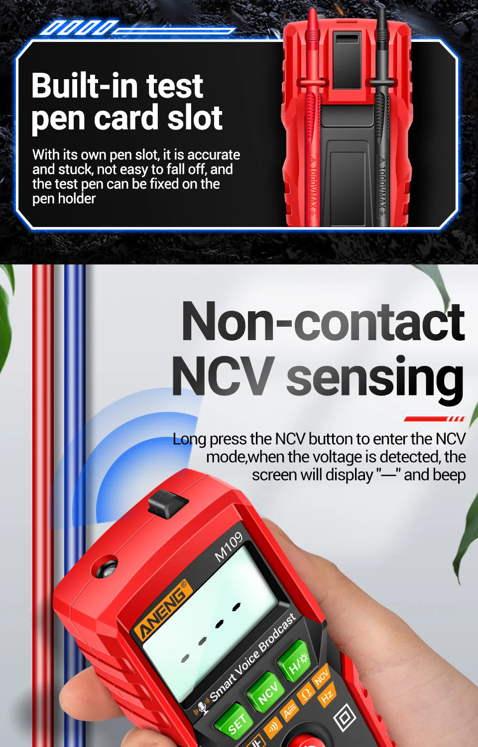 ANENG M109 Smart Multimeter Tester AC/DC Voltage Voice Broadcast Meter NCV Capacitance Continuity Professional Electrical Tools